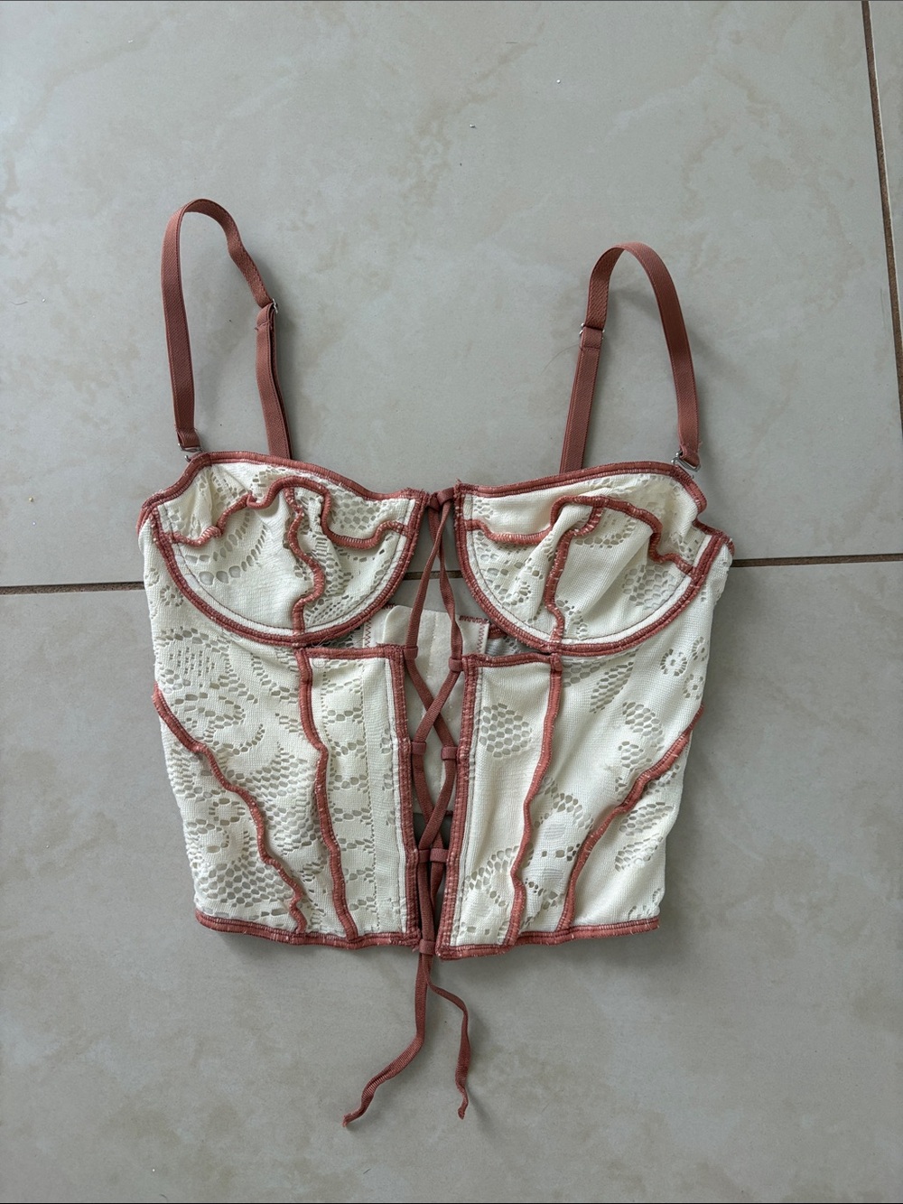 Urban Outfitters Cream Lace Corset Crop Top with Dusty Rose Trim